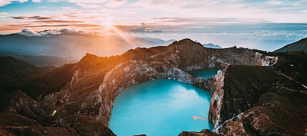 Aerial view of Kelimutu volcano and its crater lake in Indonesia