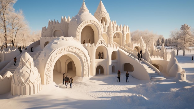 aerial view of kids playing in a golden snow fort set against the backdrop of a sunny day christmas