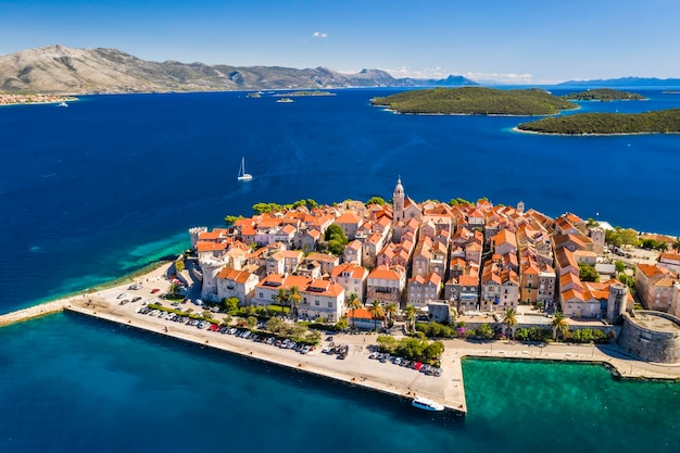 Aerial view of Korcula old town on Korcula island Croatia