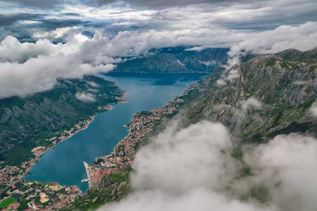 Aerial view of Kotor Bay from above the clouds, Montenegro