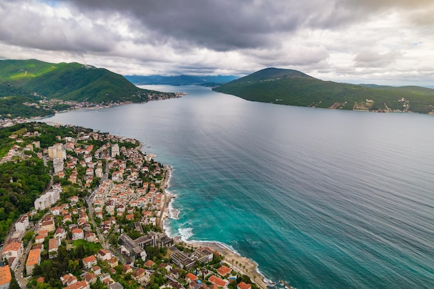 Aerial view of Kotor Bay and Herceg Novi town in Montenegro