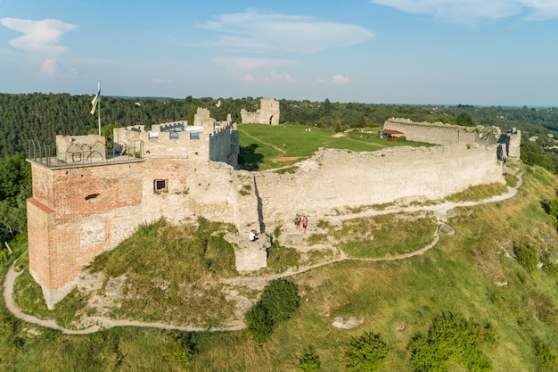 Aerial view of Kremenets castle ruins located on top of a hill in Kremenets town Ternopil region Ukraine