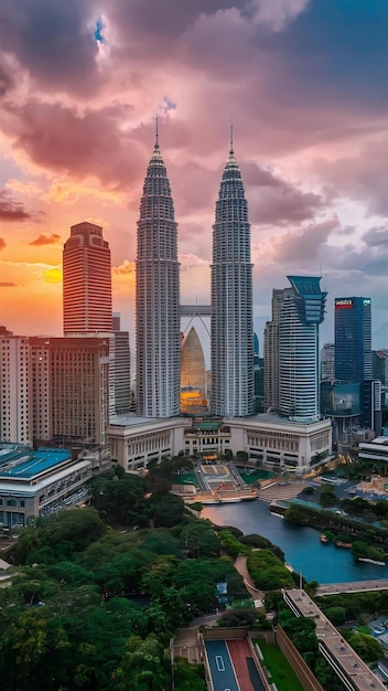 Aerial view of kuala lumpur city skyline at sunset in kuala lumpur malaysia