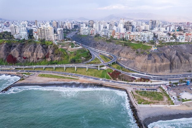 Aerial view of La Costa Verde and the Miraflores boardwalk in Lima