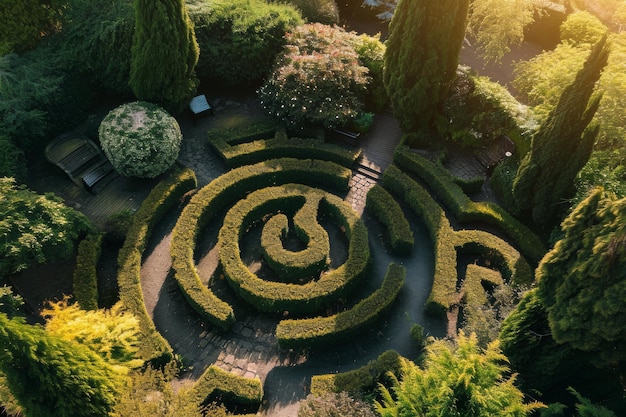 An aerial view of a labyrinth garden AI generated