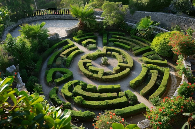 An aerial view of a labyrinth garden AI generated