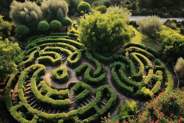 An aerial view of a labyrinth garden AI generated