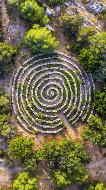 Aerial view of a labyrinth garden natures puzzle from above