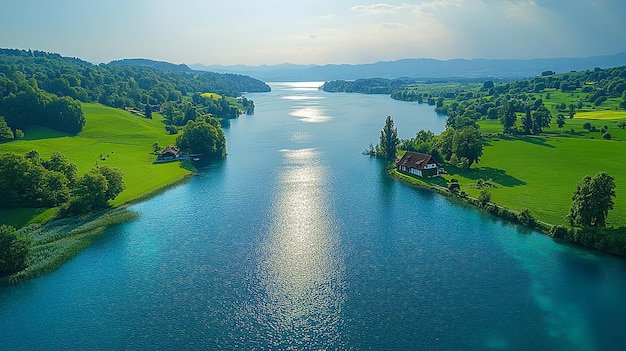 Photo aerial view of lake and field landscape