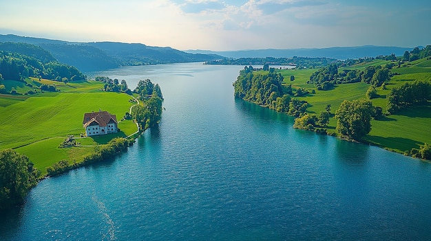 Photo aerial view of lake and field landscape