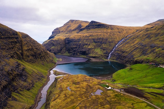 Aerial view of the lake near Saksun on the Faroe islands