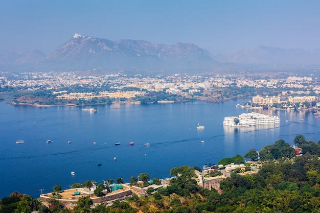 Aerial view of Lake Pichola with Lake Palace Jag Niwas and Uda