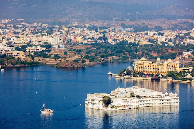 Aerial view of Lake Pichola with Palace Jag Niwas