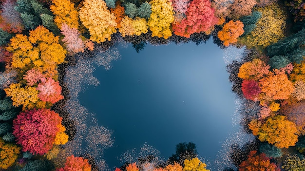 Photo aerial view of a lake surrounded by fall foliage