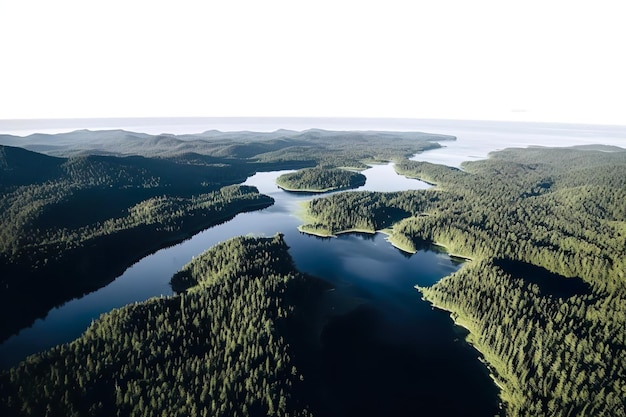 Aerial view of lakes and forest