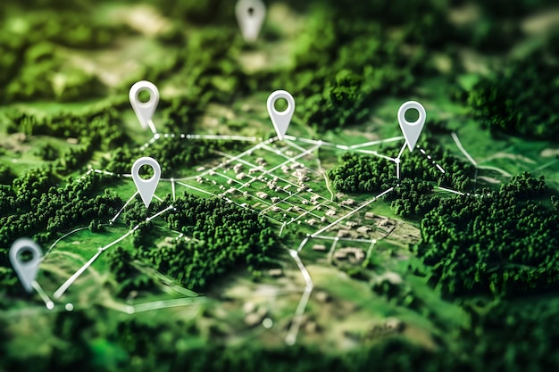 Photo aerial view land depicted with network markers indicating planning connectivity of land development