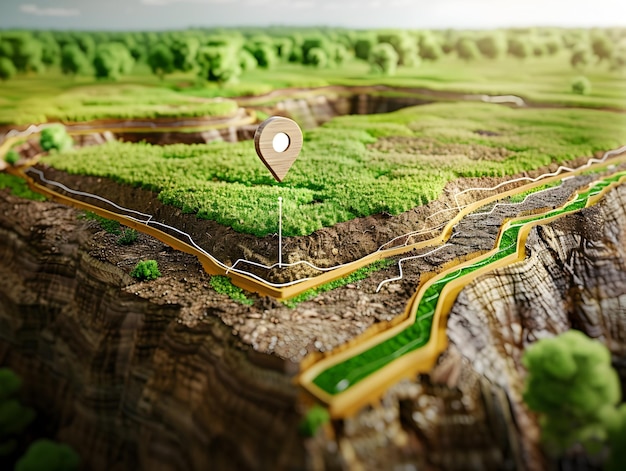 Photo aerial view of land parcel with location marker and architectural diagram of terrain layers