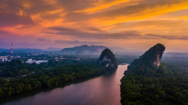 aerial view landscape of  Mountain in Twilight  time,  Krabi Thailand