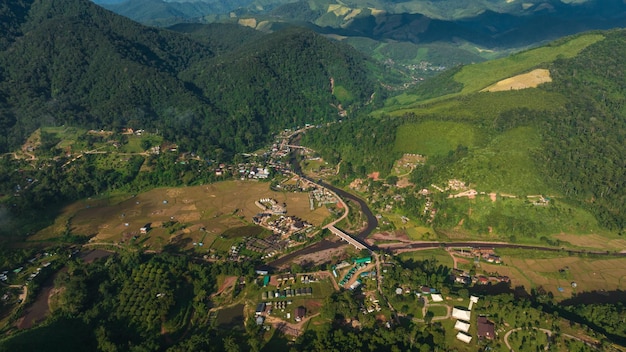 Aerial view landscape and Sapan Village in valley famous tourist attraction of Nan Province in the northern of Thailand