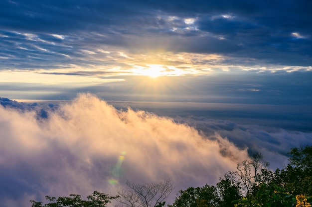 Aerial view landscape sea of mist and clouds over Chiang mai city on Doi Suthep mountain in sunrise sky Chiangmai Thailand