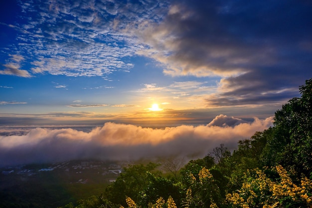 Aerial view landscape sea of mist and clouds in sunrise sky Chiangmai Thailand