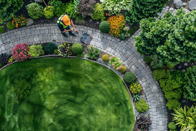 Photo aerial view of a landscaper tending to a beautifully designed garden