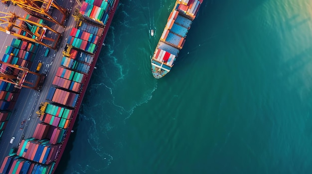 An aerial view of a large cargo ship docked at a port