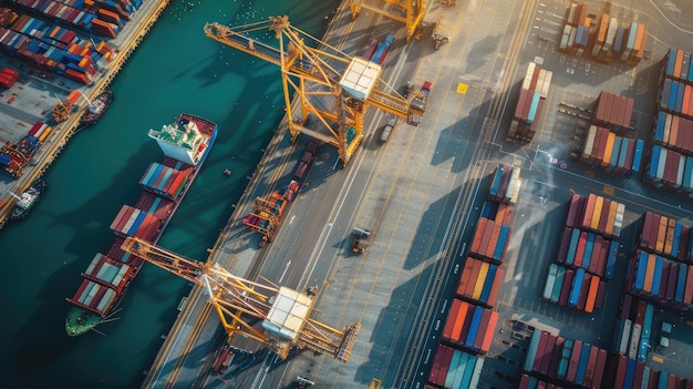 Photo aerial view of a large container ship is docked next to a dock with a cargo ship in the background