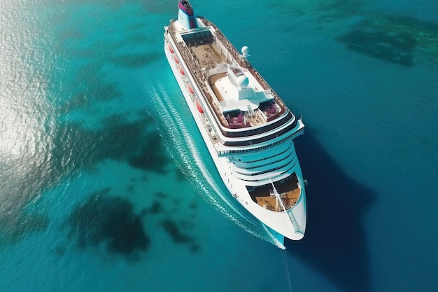 Aerial view of large cruise ship on calm blue sea Created using generative AI tools