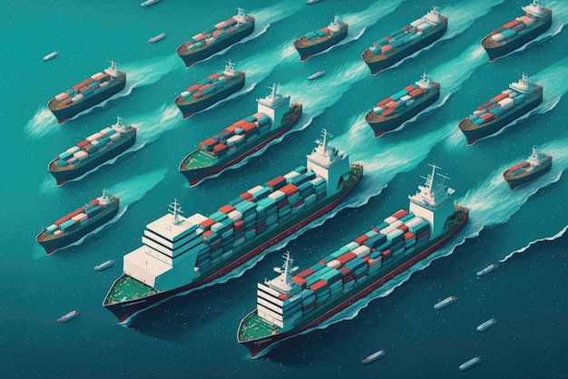 Aerial view of large group of container ships in the sea Generative AI