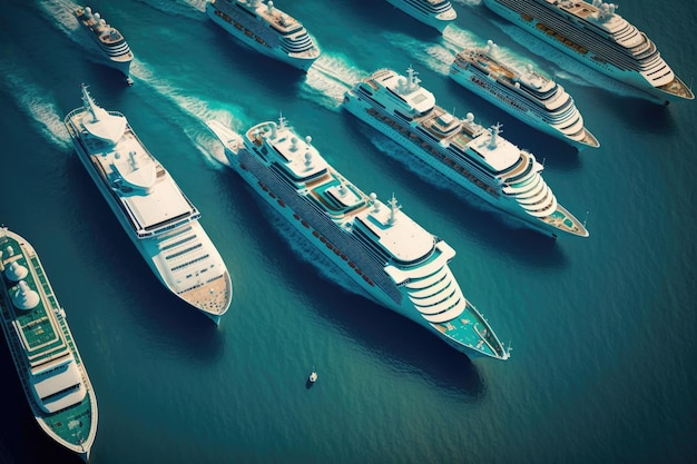 Aerial view of large group of Cruise Ships Sailing On Sea Generative AI