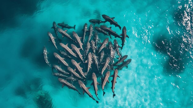 Photo aerial view of a large group of sharks swimming in the ocean