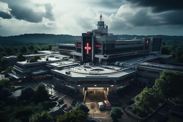 Photo an aerial view of a large hospital building surrounded by trees hospital exterior