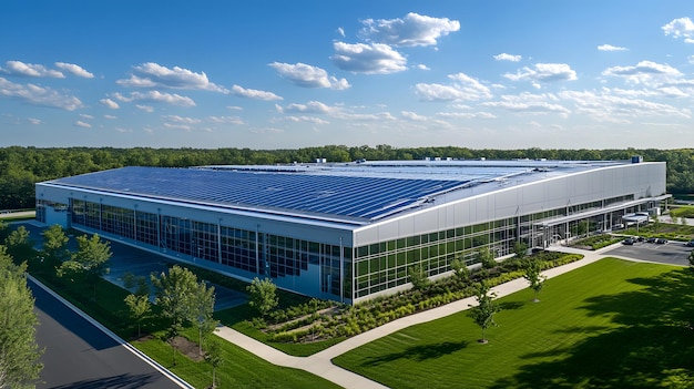 Aerial view of a large industrial building with solar panels on roof blue sky with scattered white c