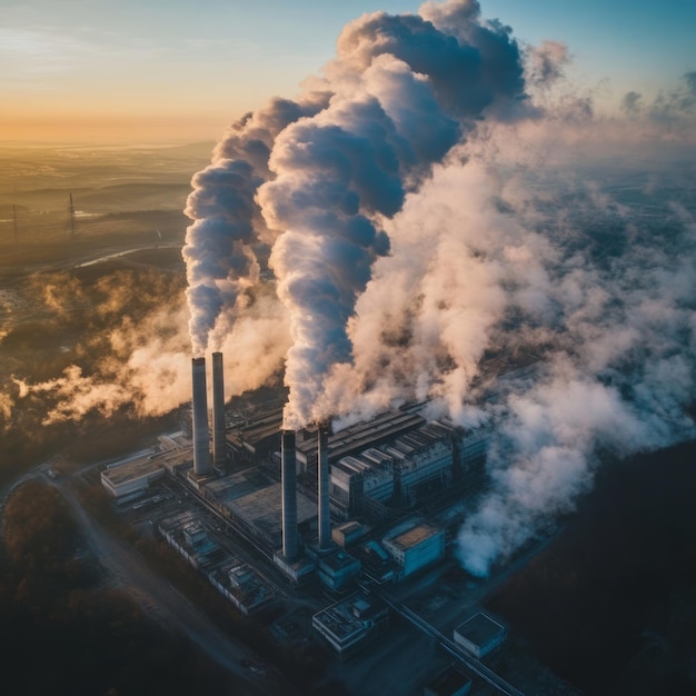 Photo aerial view of a large industrial power plant emitting plumes of smoke into the air at sunset