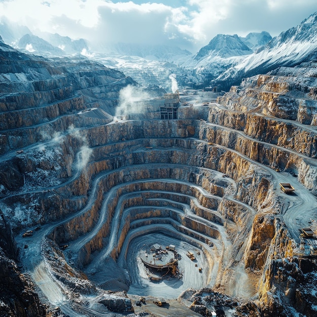 Photo aerial view of a large open pit mine in a mountainous region with snowcapped peaks in the background and steam rising from the quarry