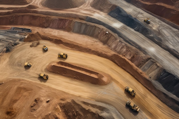 Aerial view of a large openpit mine with trucks and heavy machinery excavating valuable resources