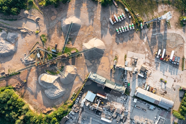 Aerial view of a large plant for the production of asphalt cement and concrete concretemixing plant