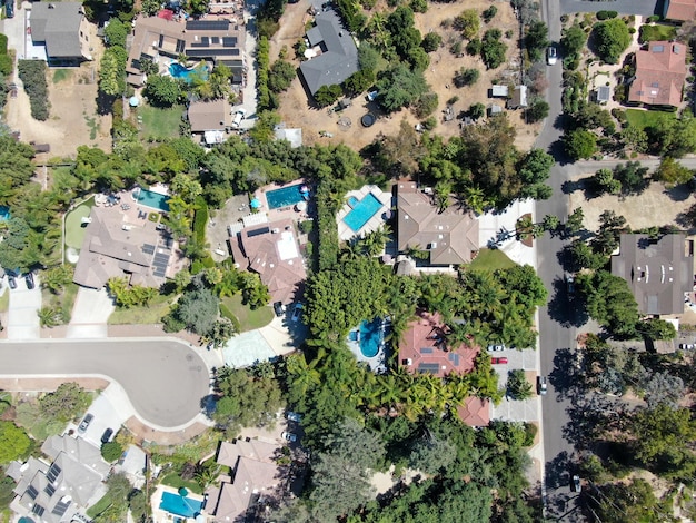 Aerial view of large-scale villa in wealthy residential town Encinitas, South California, USA.