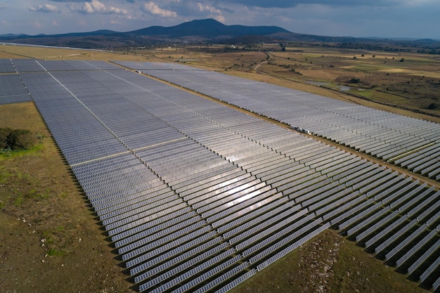 Aerial view over a large solar energy farm for the supply of renewable energy in Mexico