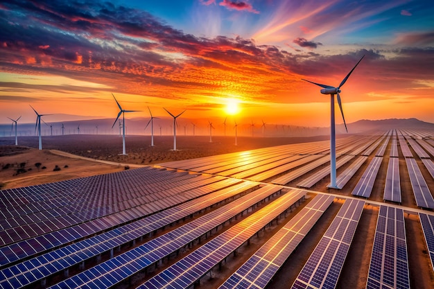 An aerial view of a large solar panel farm at sunset with several wind turbines in the background