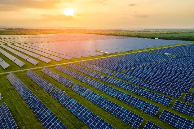 Aerial view of large sustainable electrical power plant with many rows of solar photovoltaic panels for producing clean electric energy in evening. Renewable electricity with zero emission concept.