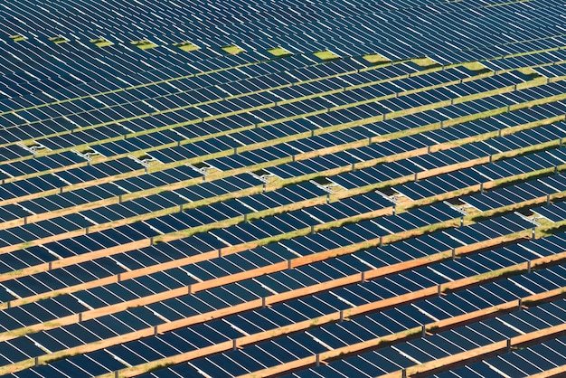 Aerial view of large sustainable electrical power plant with rows of solar photovoltaic panels for producing clean electric energy Concept of renewable electricity with zero emission