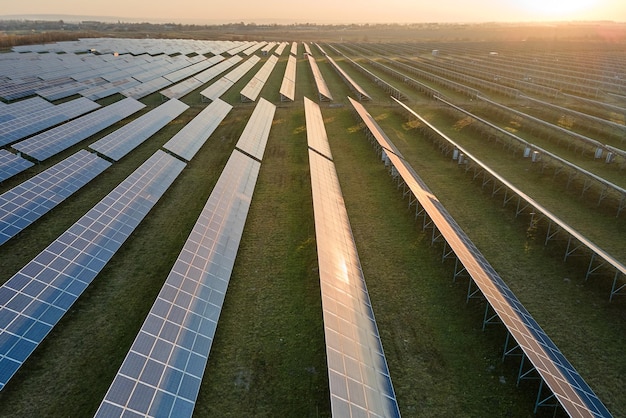 Aerial view of large sustainable electrical power plant with rows of solar photovoltaic panels for producing clean electric energy in evening Concept of renewable electricity with zero emission