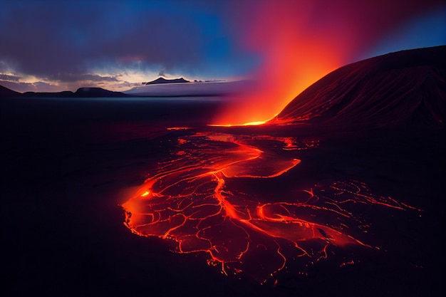 An aerial view of a lava flow at night generative ai