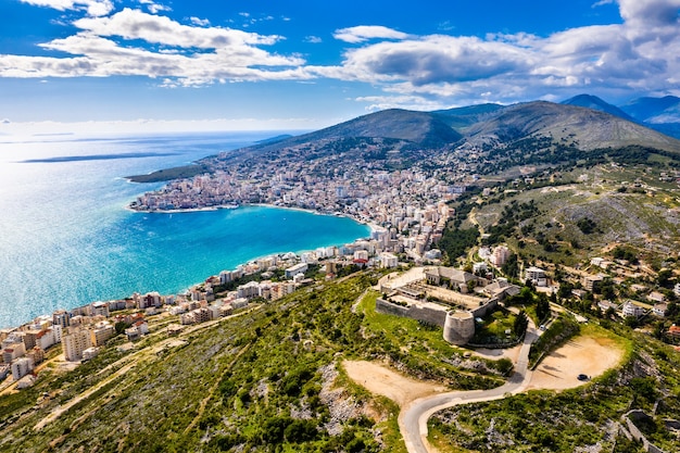 Aerial view of Lekuresi Castle in Saranda, South Albania