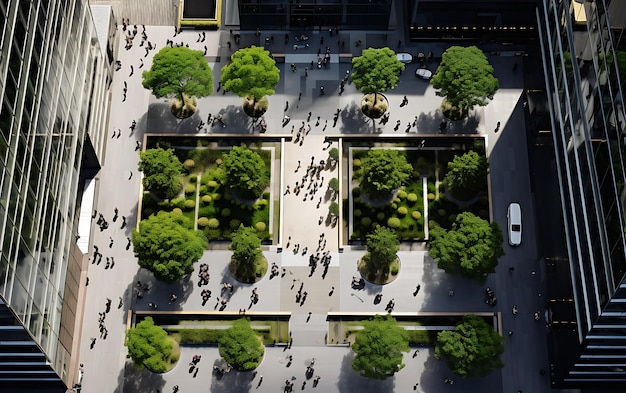 Photo aerial view of a long rectangular green floor street