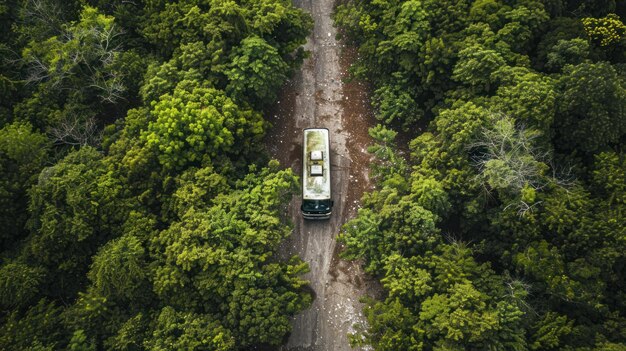 Photo aerial view of long road cutting through forest