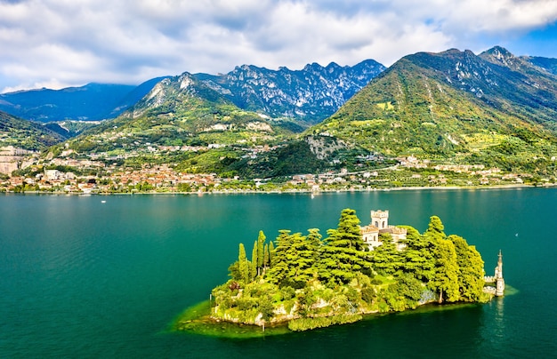 Aerial view of Loreto Island with the castle on Lake Iseo in Northern Italy