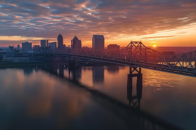 Aerial view of Louisville city skyline at sunrise Bridge across Ohio River with cityscape in